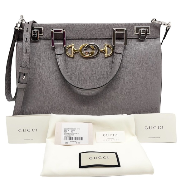 Gucci New GG Zumi Logo Horsebit Grain Leather Top Handle Purse/Grey Shoulder Bag - Picture 2 of 12